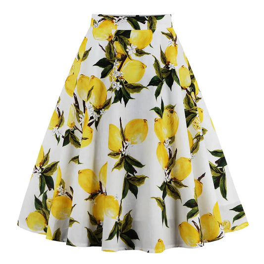 2021 Fashion Fruit Print Lemon Tunic Skirt White Yellow Cotton Summer Knee Length Swing 50s Vintage Skirts Bottoms Pleated Skirt
