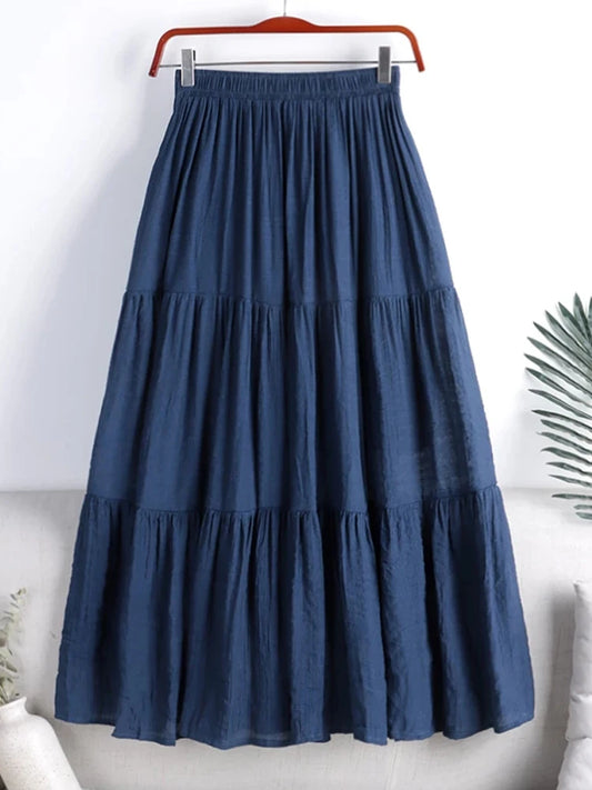 Designer Chic Maxi Skirt Woman 2023 New Summer A-Line Solid Patchwork Skirts Minimalist Cotton Linen Pleated Skirts Jupe Femme